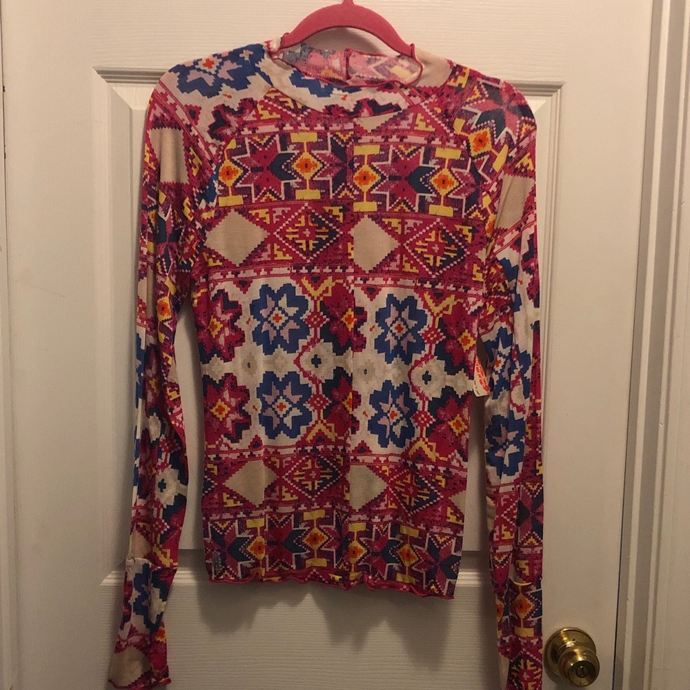Free People Long Sleeve Aztec Print Top - Cream, Pink, Blue, Yellow
